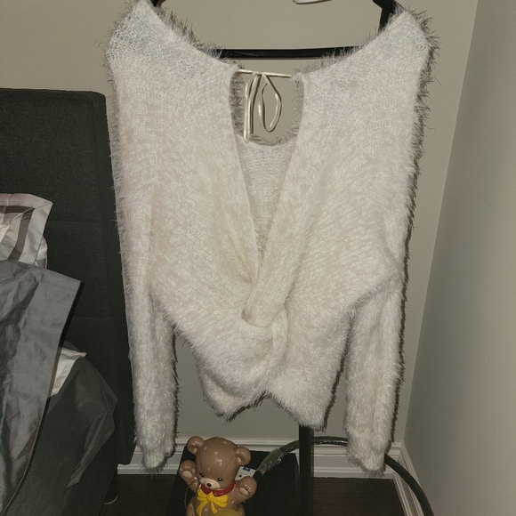 Fluffy White Twist Back Sweater - Picture 2 of 2